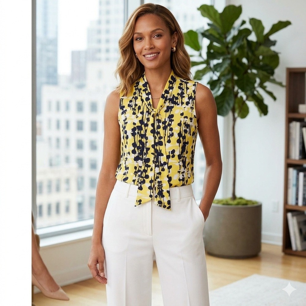 Banana Republic Tie Neck Sleeveless Top Abstract Floral Print Yellow Medium